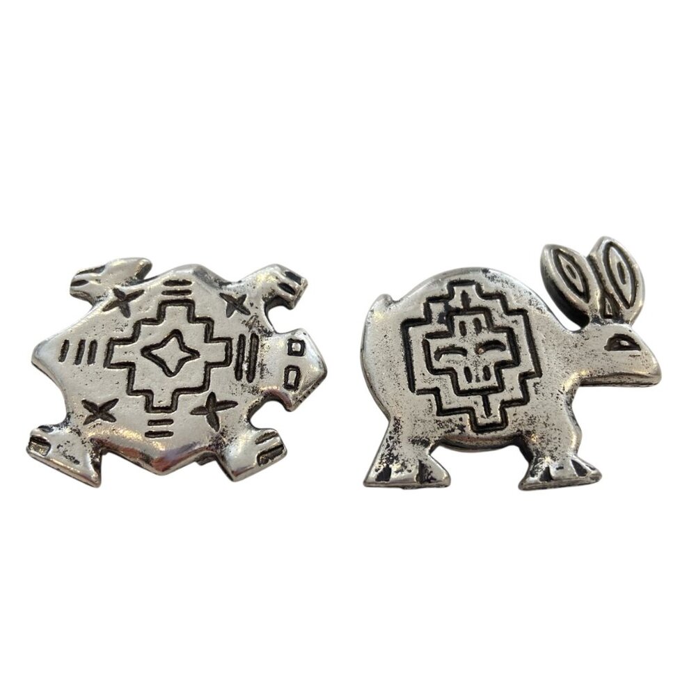 Vintage Southwestern Bolo Style Animal Tie Tac Set Turtle Rabbit Bird Silver